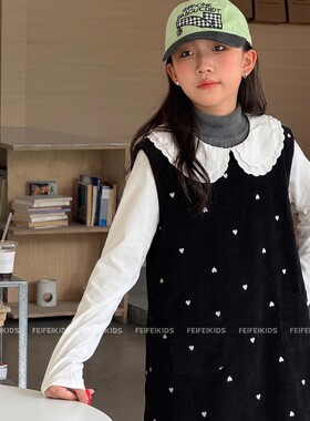 女童背心裙2026春秋款黑色双排扣无袖连衣裙儿童复古百搭裙子