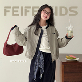 女童外套春秋新款 卡其色短外套宽松休闲夹克简约设计感上衣