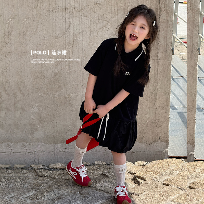 女童裙子夏新款Polo连衣裙儿童花苞裙韩系休闲宽松高级感裙子