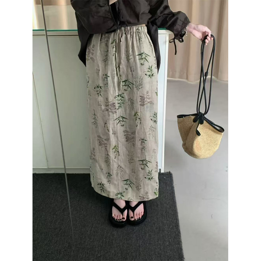 2026夏季花色抽绳棉麻直筒裙
