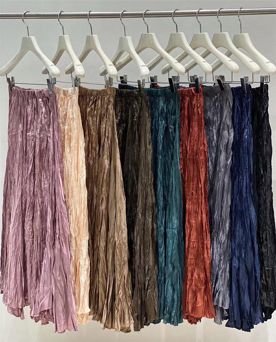 皱出时尚蓝色醋酸缎面高级感拖地长裙子女夏季垂坠感高腰半身裙