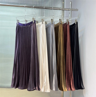 A字710 显瘦中长裙高腰松紧腰显瘦韩版 2025秋季 纯色缎面百褶裙时尚