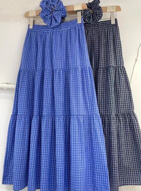 2025春季蓝色黑色格子头花A字裙潮流半身裙中长裙裙子欧货韩版491