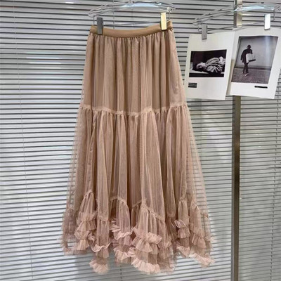 2026春季卡其色纱A字裙时尚