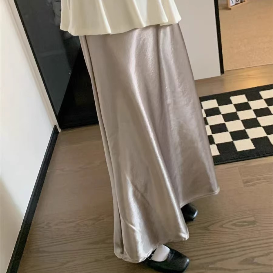 法式缎面杏色鱼尾半身裙冬季加绒高腰包臀长裙高级感到脚踝超长款