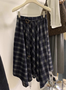 2025秋季蓝色黑色格子皮带A字裙时尚显瘦中长裙高腰欧货质感韩788
