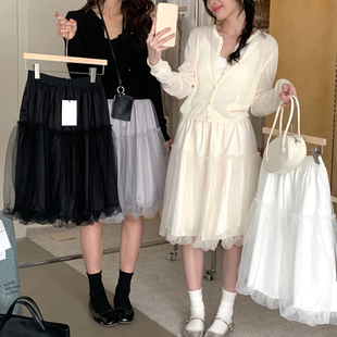 2025春季 显瘦百搭高腰宽松潮流韩162 纯色纱花苞五分裙裙子女时尚