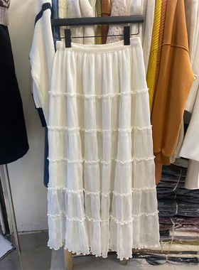 2026春季黑色白色荷叶边A字裙潮流时尚质感中长裙显瘦宽松欧货187