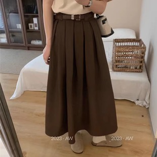 裙裙子女松緊腰顯瘦歐貨大擺遮肉潮流中長款 純色皮帶西裝 2024秋季