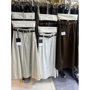 2025秋季纯色棉质皮带A字裙半身裙松紧腰高腰显瘦质感百搭欧货770