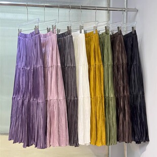 2025秋季 百搭松紧腰高腰欧货裙子潮865 彩色百褶拼接A字裙潮流时尚