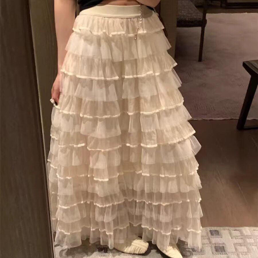 2025春季杏色蛋糕裙中长裙