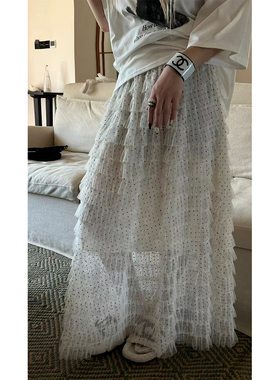 2026春季杏色波点纱中长裙潮流时尚A字裙蛋糕裙高腰欧货质感0150