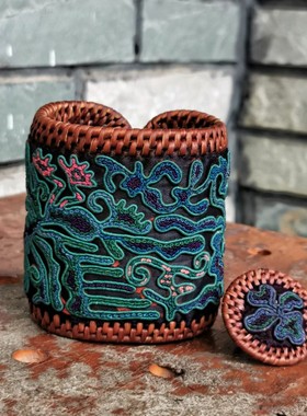 民族风手工老绣绣花 藤编工艺收藏级精品打籽绣手镯 个性百搭饰品