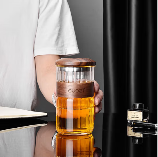 果兹玻璃杯茶水分离防烫办公家用水杯木盖过滤泡茶杯和风休闲