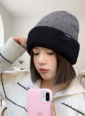 韩版针织毛线堆堆帽子女款2026新款拼色秋冬大头围显脸小护耳冷帽