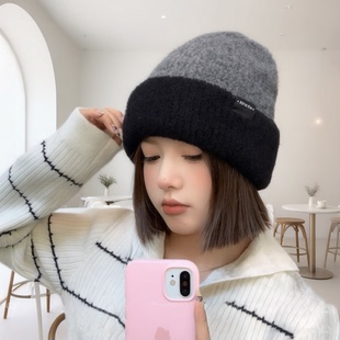 韩版针织毛线堆堆帽子女款2025新款拼色秋冬季保暖百搭护耳冷帽男