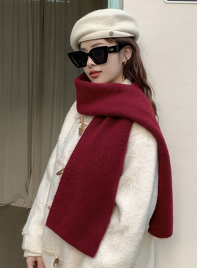 羊毛混纺灰色毛线围巾女款2025新款秋冬季酒红色高级感保暖围脖男