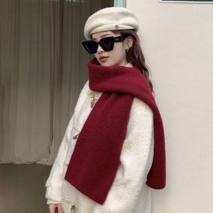羊毛混纺灰色毛线围巾女款2025新款秋冬季酒红色高级感保暖围脖男
