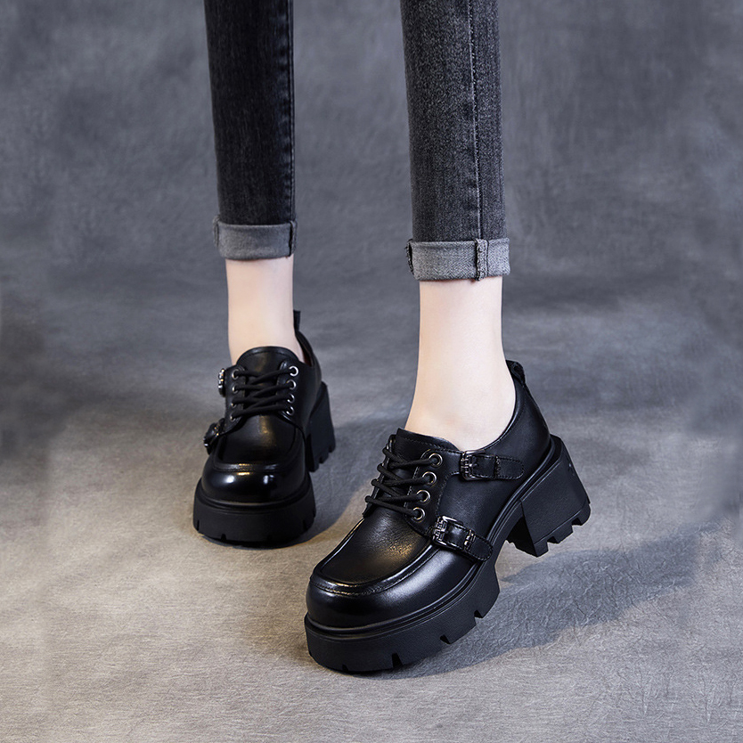 真皮复古厚底粗跟单鞋女头层牛皮