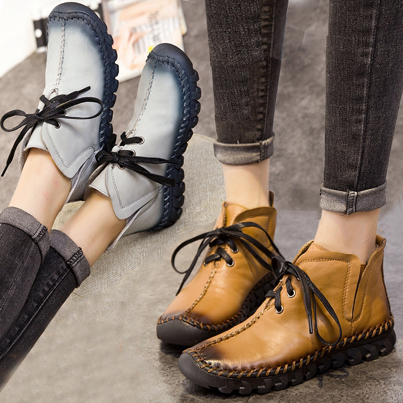 真皮软底软面复古手工短靴