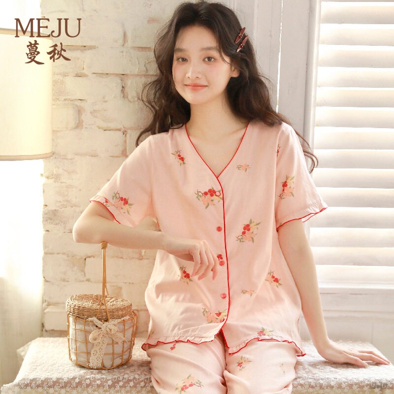 MEJU蔓秋夏季睡衣纯棉女棉纱薄款家居服甜美简约舒适透气可外穿