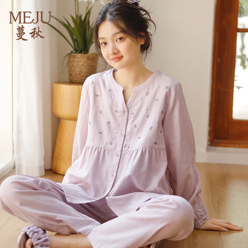 女学生长袖长裤睡衣棉纱少女清新