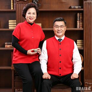 开衫马夹羊毛针织马甲男女情侣装中老年本命年红色单排扣保暖背心