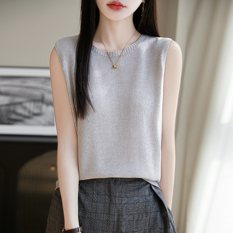 女圆领夏季凉感打底衫薄亚麻莱赛尔天丝吊带背心宽松无袖针织上衣