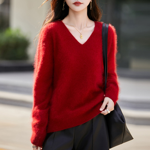 羊绒衫女新款V领套头毛衣拉毛无缝羊毛衫中长款宽松针织打底衫潮