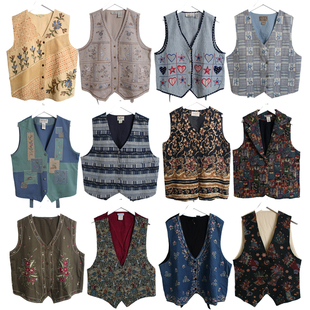 欧美古着vintage复古日制民族风上衣孤品尖货棉布印花刺绣马甲J5