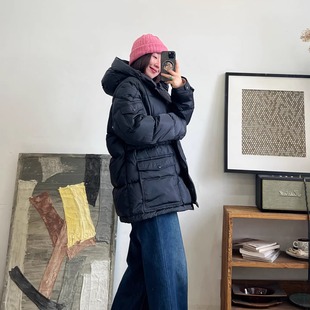 「阿董外贸」重磅高克重休闲多口袋女装连帽长袖中长款鹅绒羽绒服