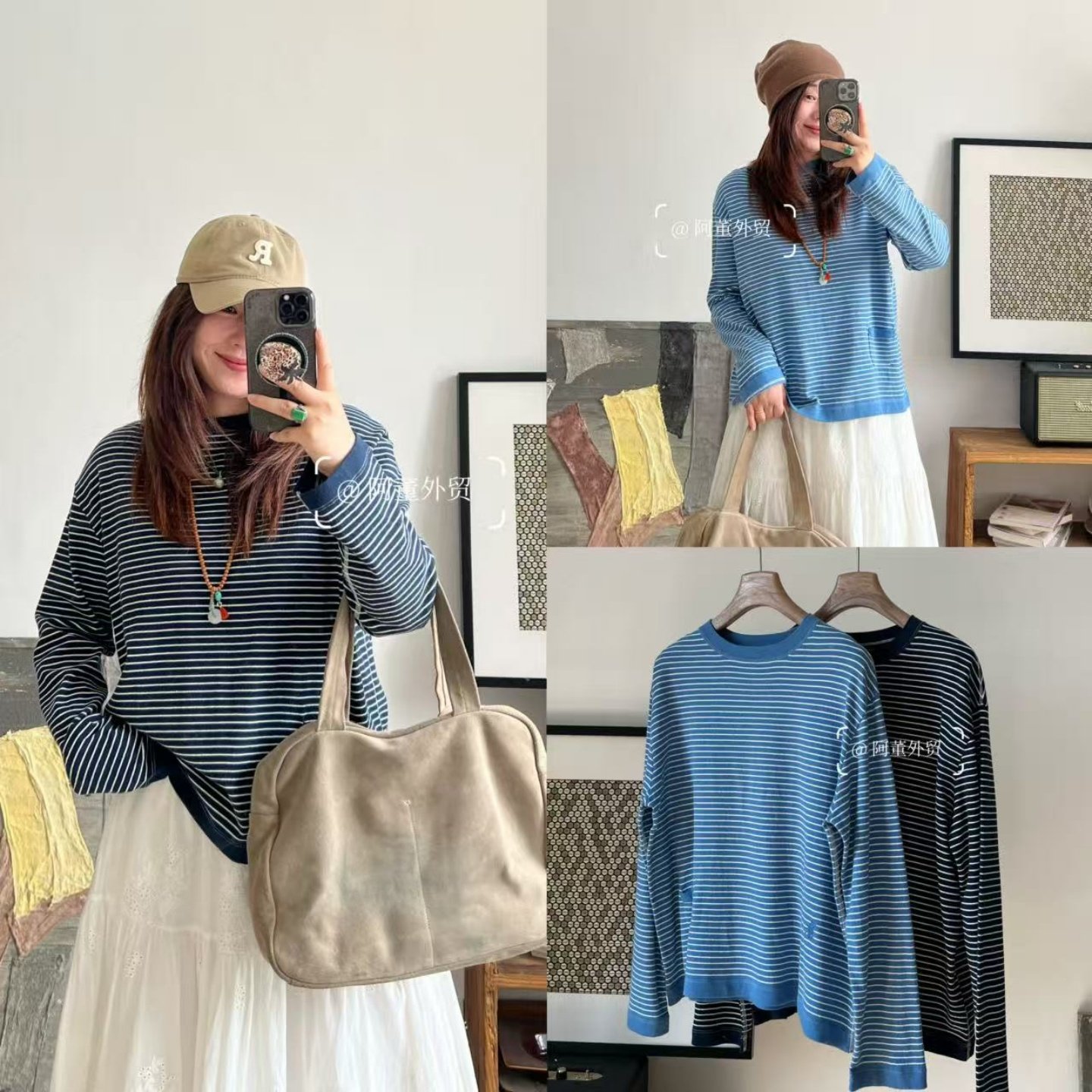 「阿董外贸」复古百搭条纹套头圆领长袖宽松小衫休闲纯棉T恤上衣