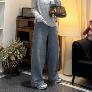 「阿董外贸」高品多结构高腰休闲四面弹阔腿直筒废土蓝牛仔裤 长裤