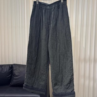 「阿董外贸」复古慵懒松弛亚麻混纺填充100桑蚕丝绗缝棉裤休闲裤