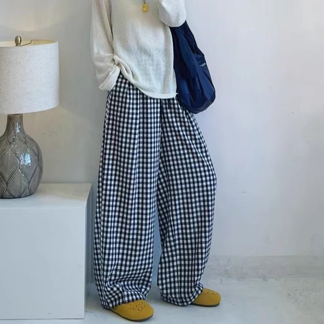 高腰抽绳松紧腰黑白格休闲裤