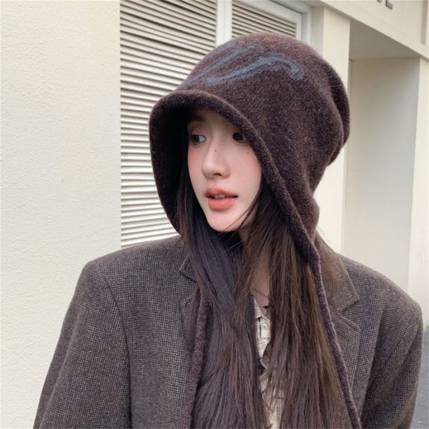 秋冬新款后开叉卷边针织包头帽女韩版户外休闲大头围保暖护耳帽潮