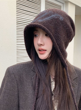 冬季后开叉卷边针织包头帽女护耳