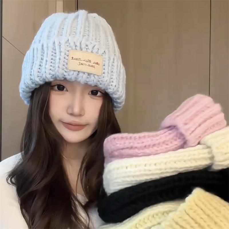 2024秋冬新款糖果色大头围针织帽女粗线针织显脸小韩版百搭洋气潮