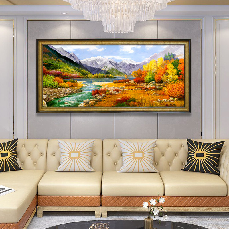 灵芝风景山水原创手绘油画客厅沙发背景墙欧式美式轻奢装饰画定制