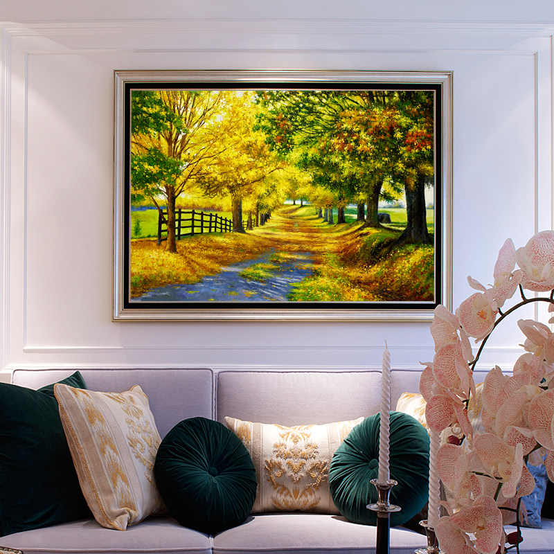 雪山小鹿黄金大道原创风景山水手绘轻奢油画餐厅客厅美式挂画定制