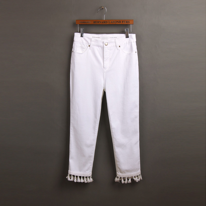 白色9分牛仔裤女 2024春装新款外贸原单大码高腰流苏边9分小直筒