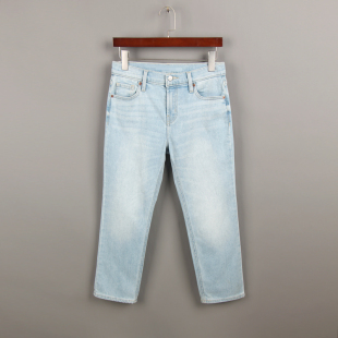 子春秋烟管裤 男友风淡蓝色89分裤 小个子裤 女200斤大码 直筒牛仔裤