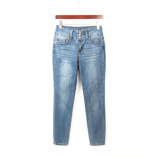 小脚裤 三粒扣复古高腰牛仔裤 弹力显瘦修身 外贸原单大码 女2021秋款