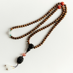 守护｜海南沉香7mm108子手链项链两用｜塔青兽面｜南红和田玉配珠