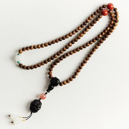 守护｜海南沉香7mm108子手链项链两用｜塔青兽面｜南红和田玉配珠