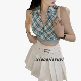 樊樊早安扭结绑带白色无袖衬衫女夏季短款设计感修身薄款法式上衣