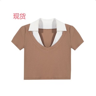 樊樊 早安  复古轻美式假两件衬衫领短袖t恤女百搭显瘦设计感上衣