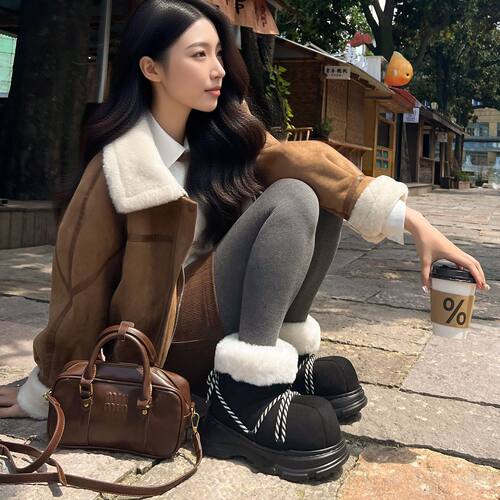 蚂蚁之恋冬款新款绑带焦糖暖绒厚底冬靴棉鞋舒适保暖女款外穿潮