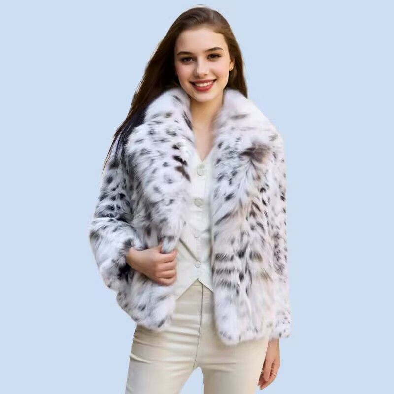 2025秋冬新款仿狐狸毛皮草外套女短款西服领山猫豹纹时尚毛毛上衣